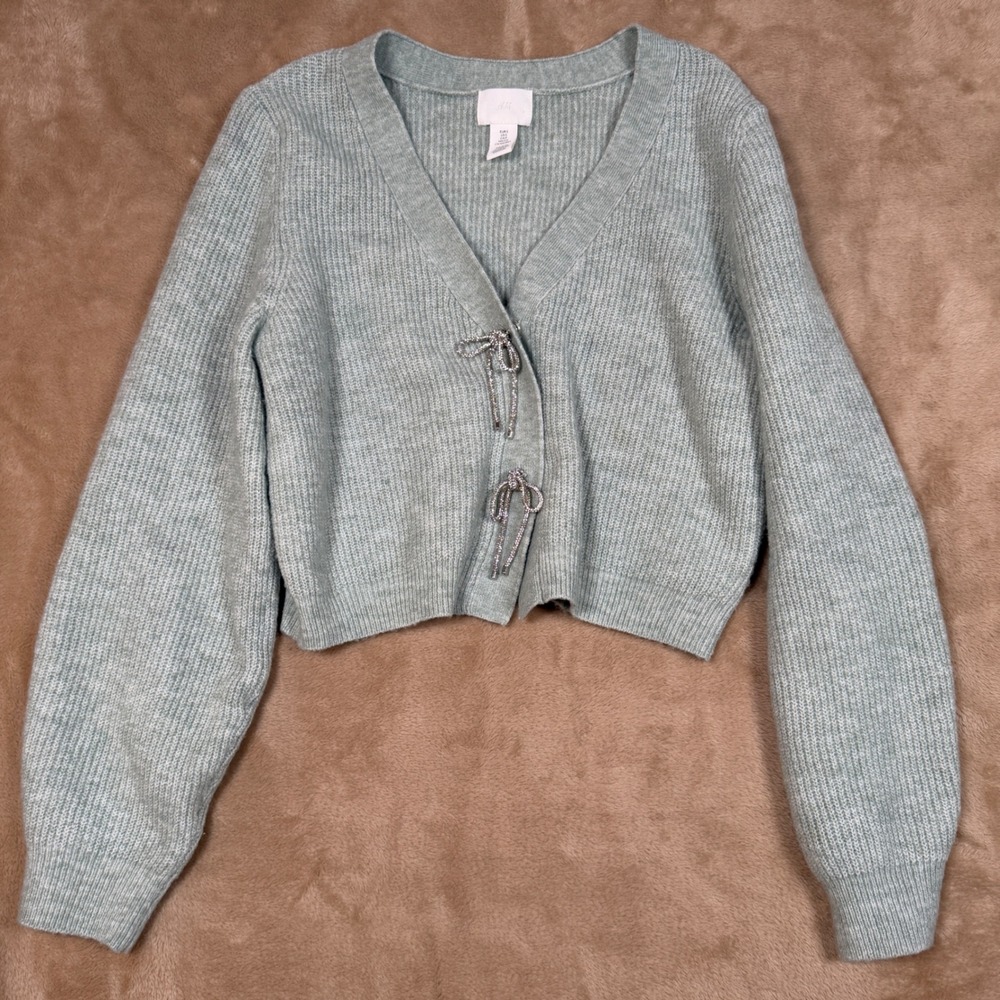 H&M Womens Sage Green Cropped Fuzzy Cardigan Rhinestone Bows Sweater Ribbed Knit